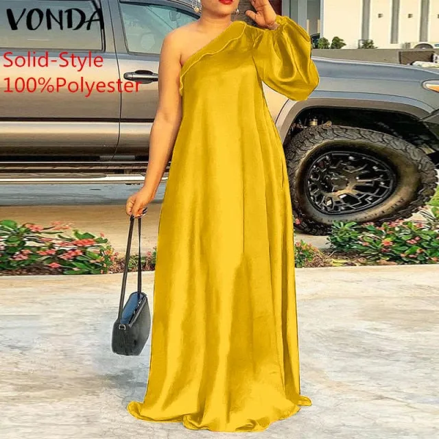 Plus Size Holiday One Shoulder Sundress Women Maxi Dress 2021 VONDA Long Sleeve Floral Printed Pleated Long Dress Casual Vestido