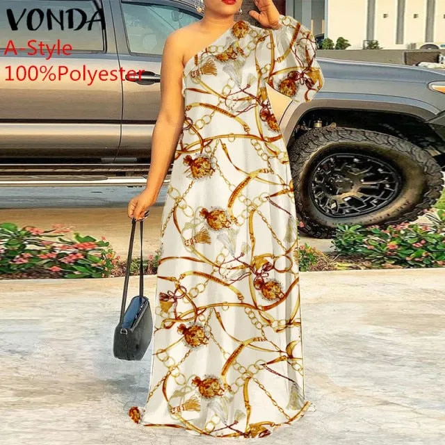 Plus Size Holiday One Shoulder Sundress Women Maxi Dress 2021 VONDA Long Sleeve Floral Printed Pleated Long Dress Casual Vestido