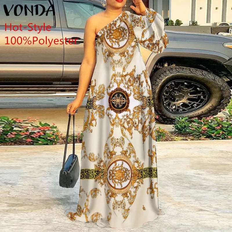 Plus Size Holiday One Shoulder Sundress Women Maxi Dress 2021 VONDA Long Sleeve Floral Printed Pleated Long Dress Casual Vestido