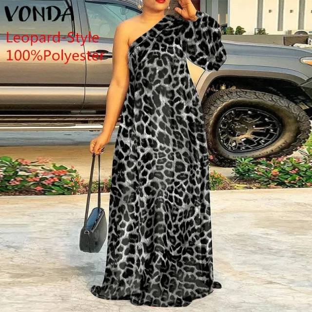 Plus Size Holiday One Shoulder Sundress Women Maxi Dress 2021 VONDA Long Sleeve Floral Printed Pleated Long Dress Casual Vestido