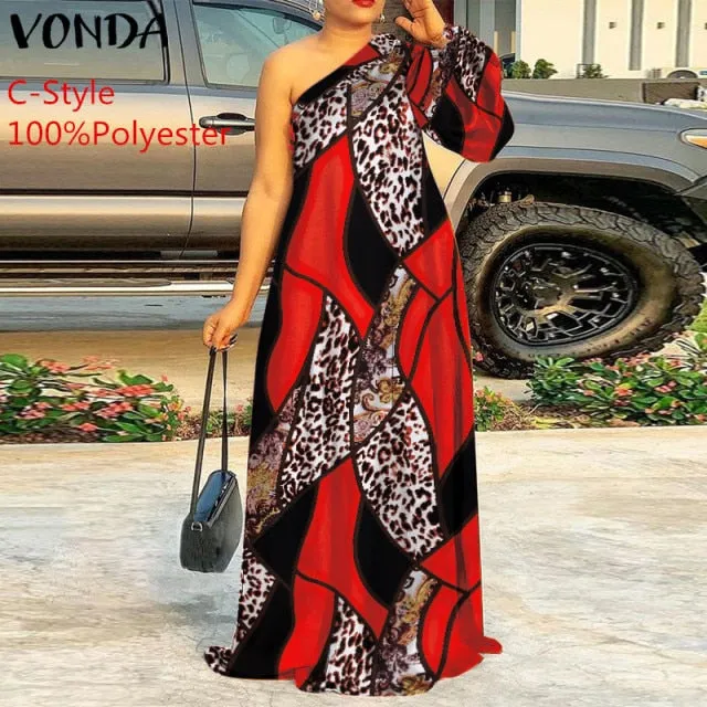 Plus Size Holiday One Shoulder Sundress Women Maxi Dress 2021 VONDA Long Sleeve Floral Printed Pleated Long Dress Casual Vestido