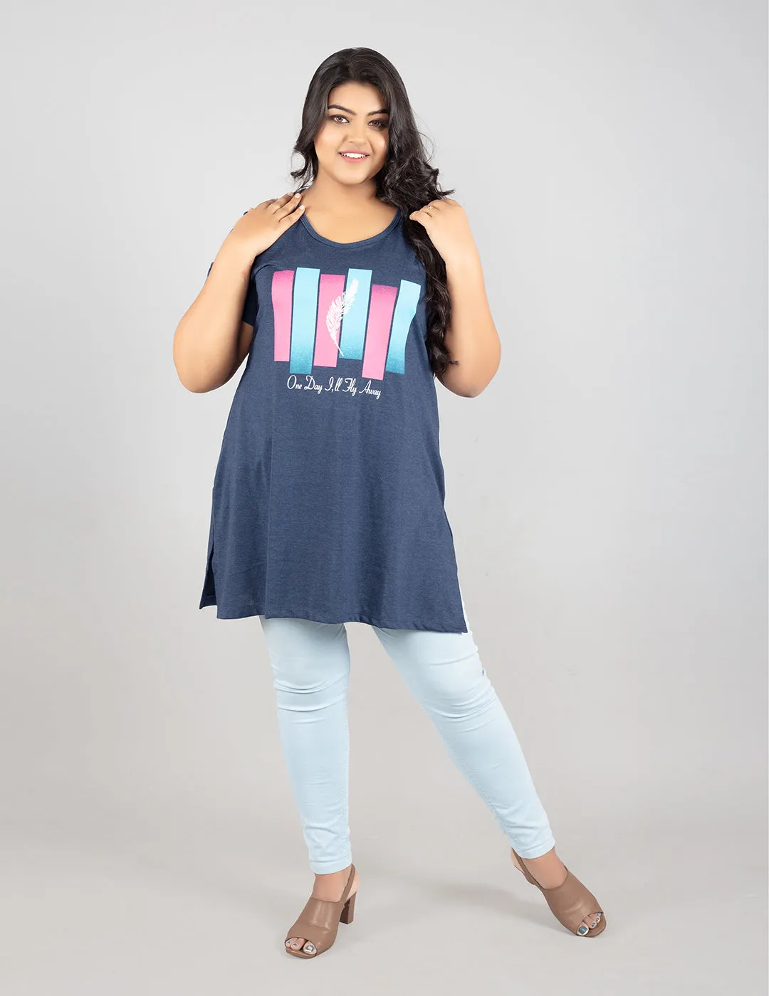 Plus Size Long T-shirt For Women - Half Sleeve - Denim Blue