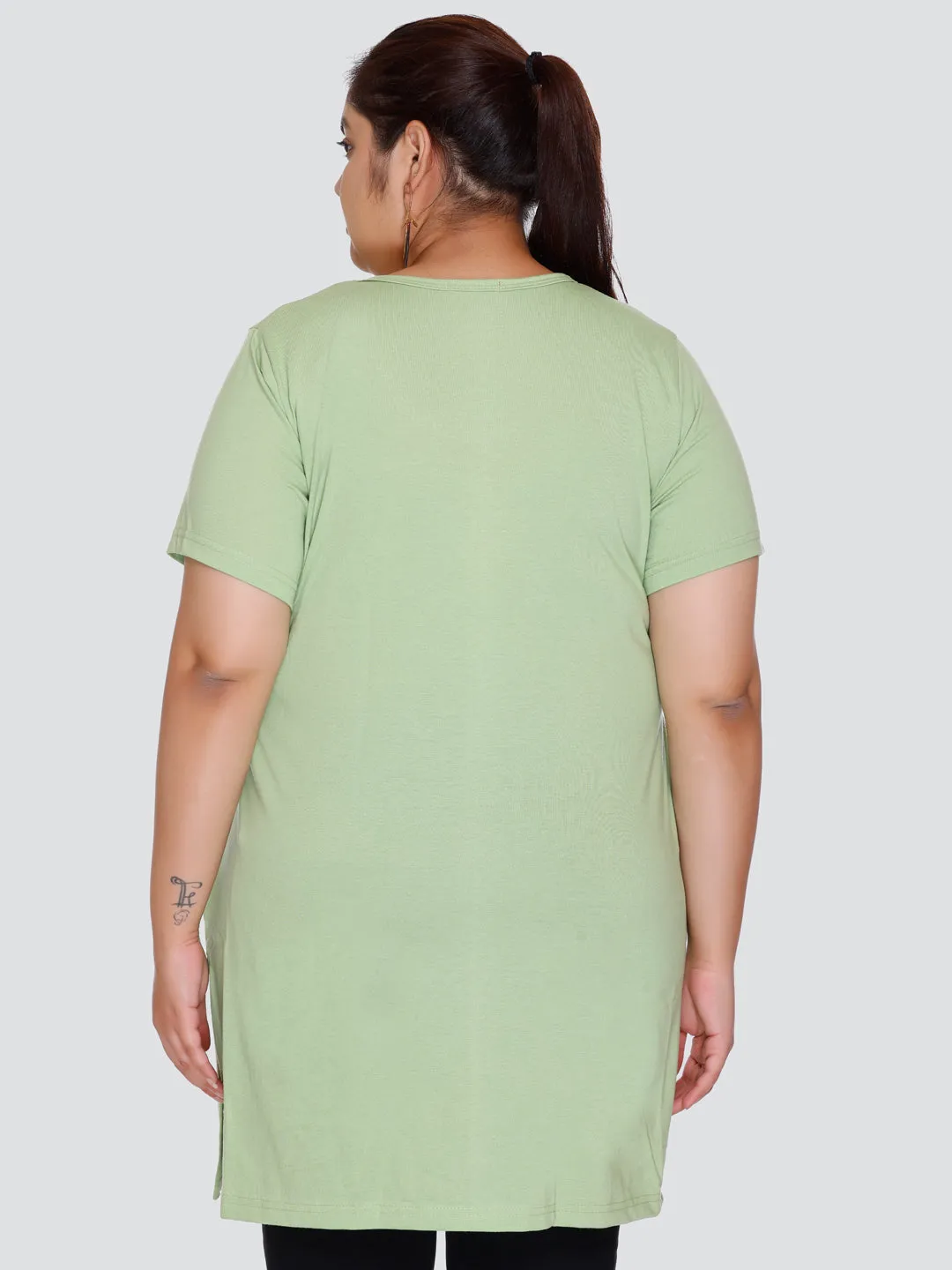 Plus Size Long T-shirt For Women - Half Sleeve - Green