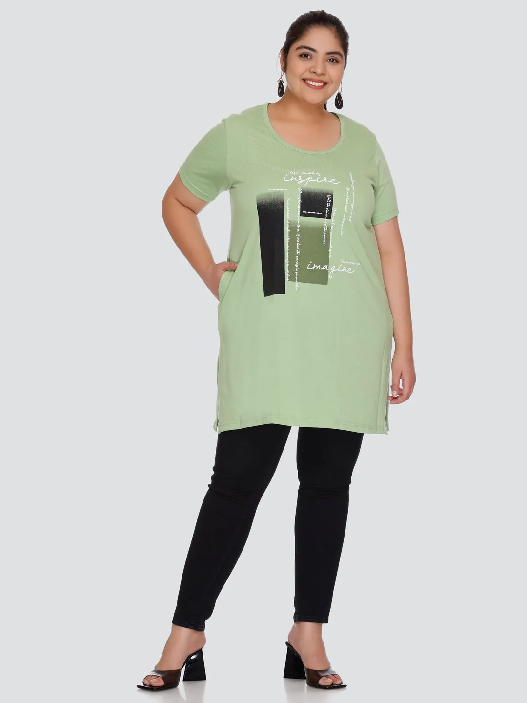 Plus Size Long T-shirt For Women - Half Sleeve - Green