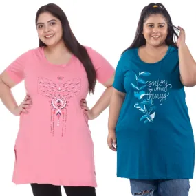 Plus Size Long T-shirts For Women - Half Sleeve - Pack of 2 (Teal Blue & Blush Pink)