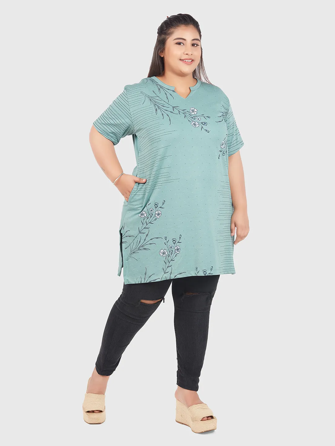 Plus Size Printed Long Tops For Women Half Sleeves - Sage