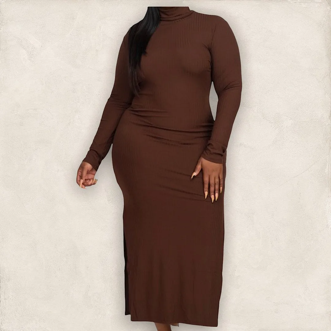 Plus Size Turtle Neck High Slit Maxi Dress