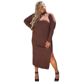 Plus Size Turtle Neck High Slit Maxi Dress