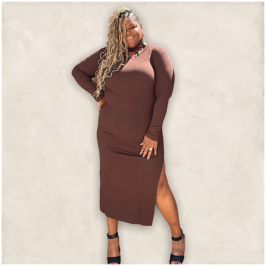 Plus Size Turtle Neck High Slit Maxi Dress