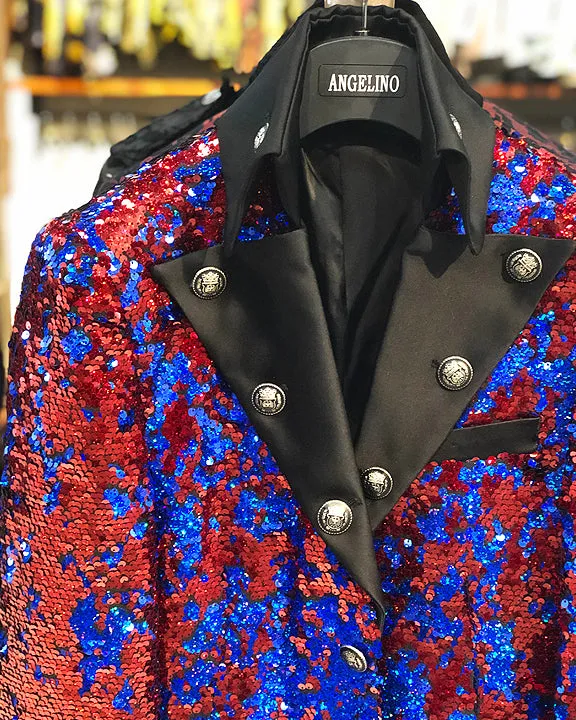 Prom long coat - mens Long Jacket - Sequin Red/Blue