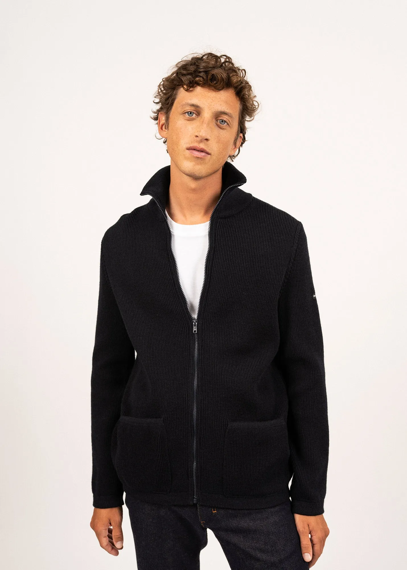 Quiberon zipped jacket - trucker-style neck, in wool (NAVY)