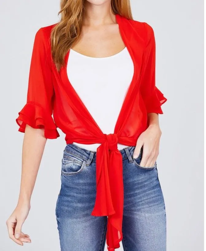 RED WRAPAROUND LONG SLEEVE KIMONO