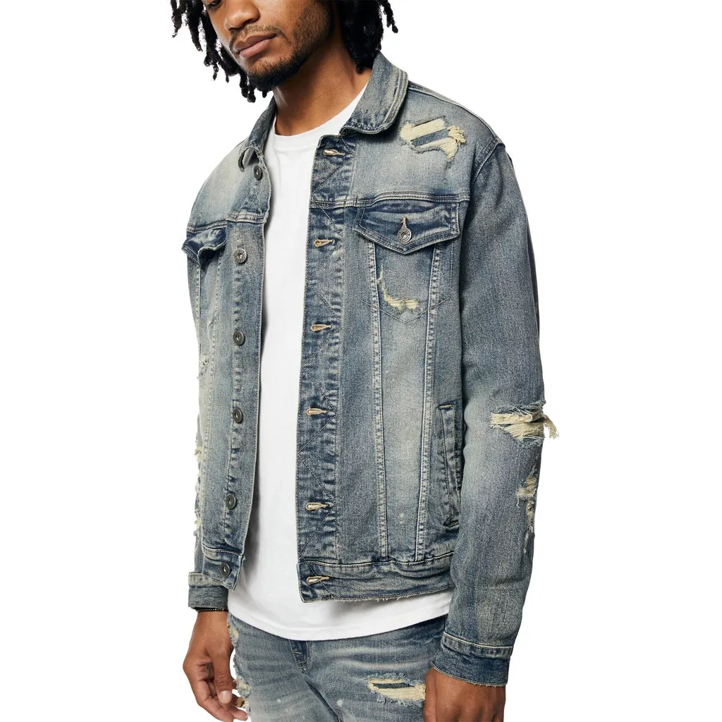 Rip And Repaired Color Jean Jacket - Blue Opal