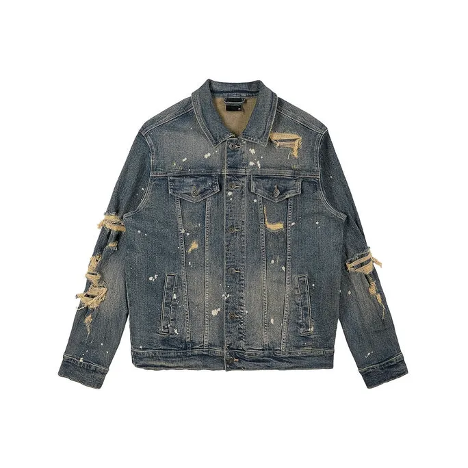 Rip And Repaired Color Jean Jacket - Blue Opal