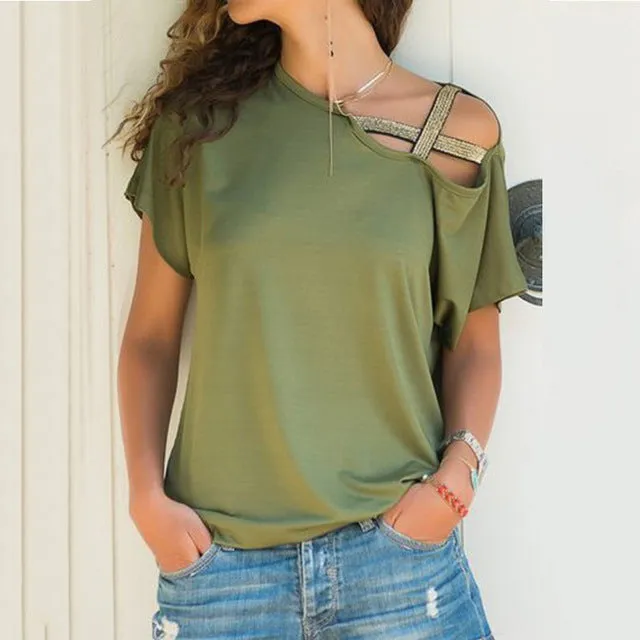 S-5XL Women Skew Neck  Criss Cross Blouse Patchwork