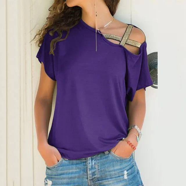 S-5XL Women Skew Neck  Criss Cross Blouse Patchwork