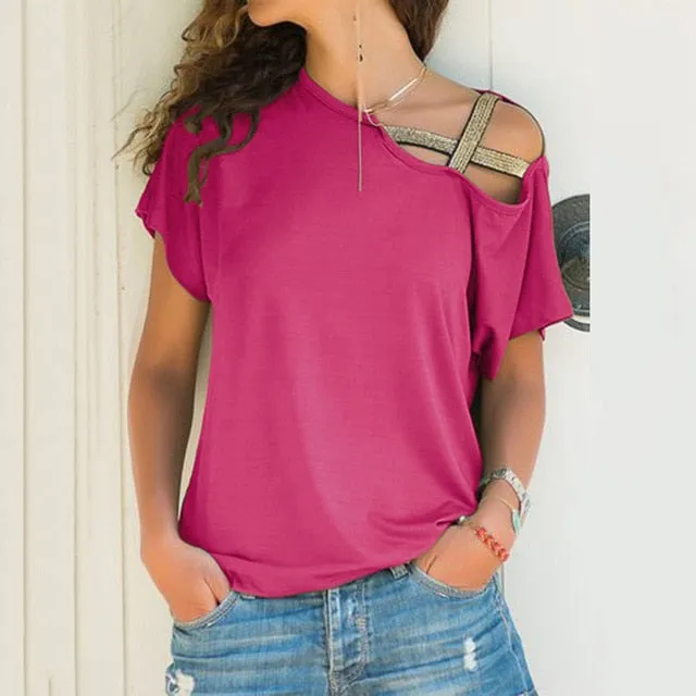 S-5XL Women Skew Neck  Criss Cross Blouse Patchwork