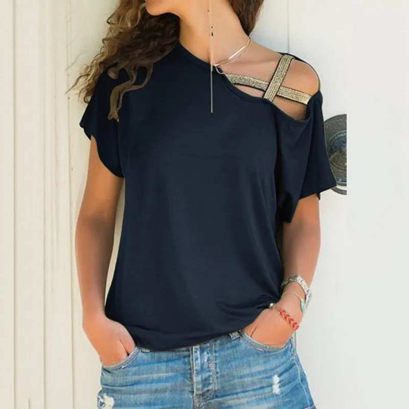 S-5XL Women Skew Neck  Criss Cross Blouse Patchwork