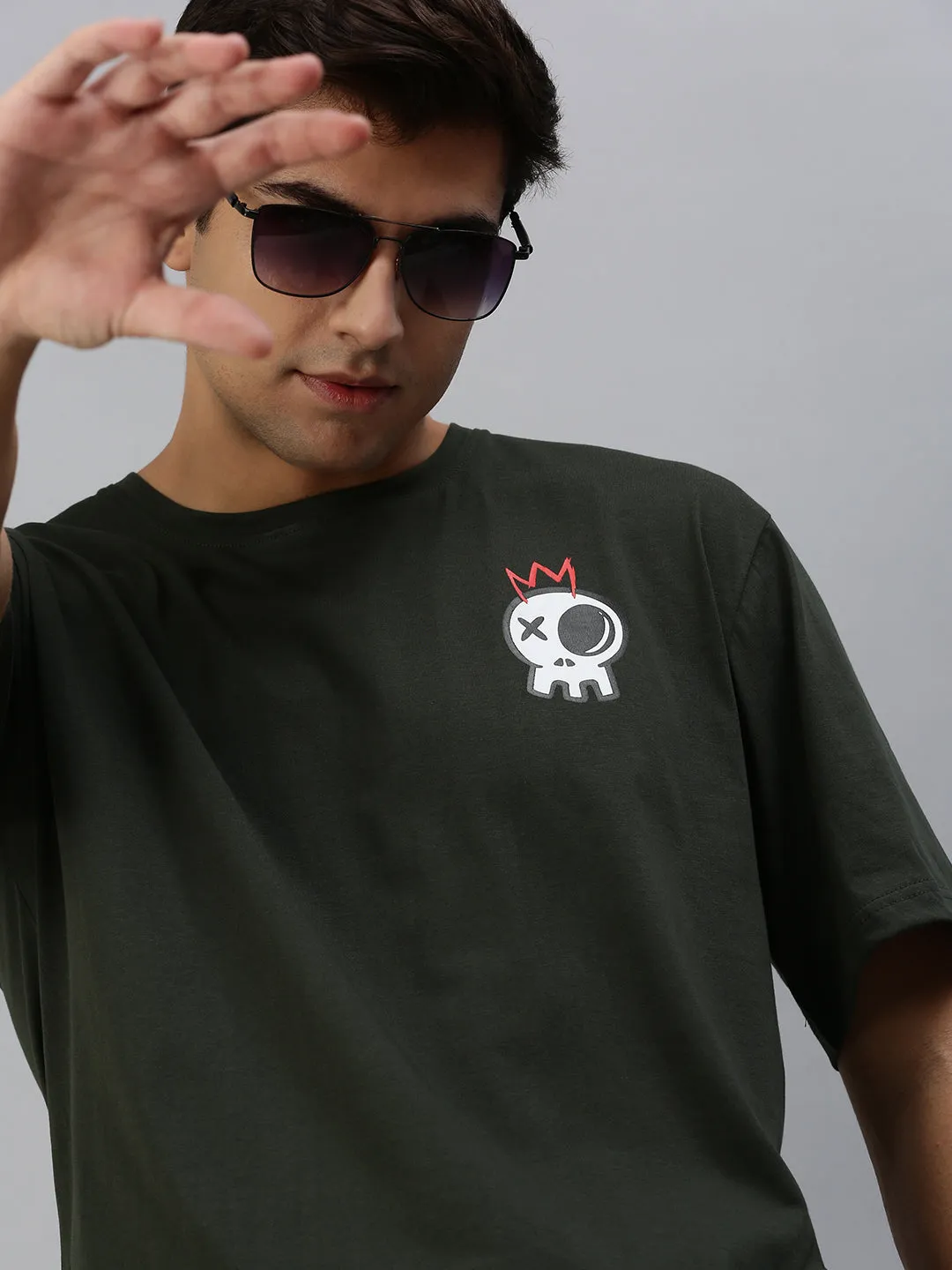 Skull Olive Oversized Pocket Graphic Printed Tshirt