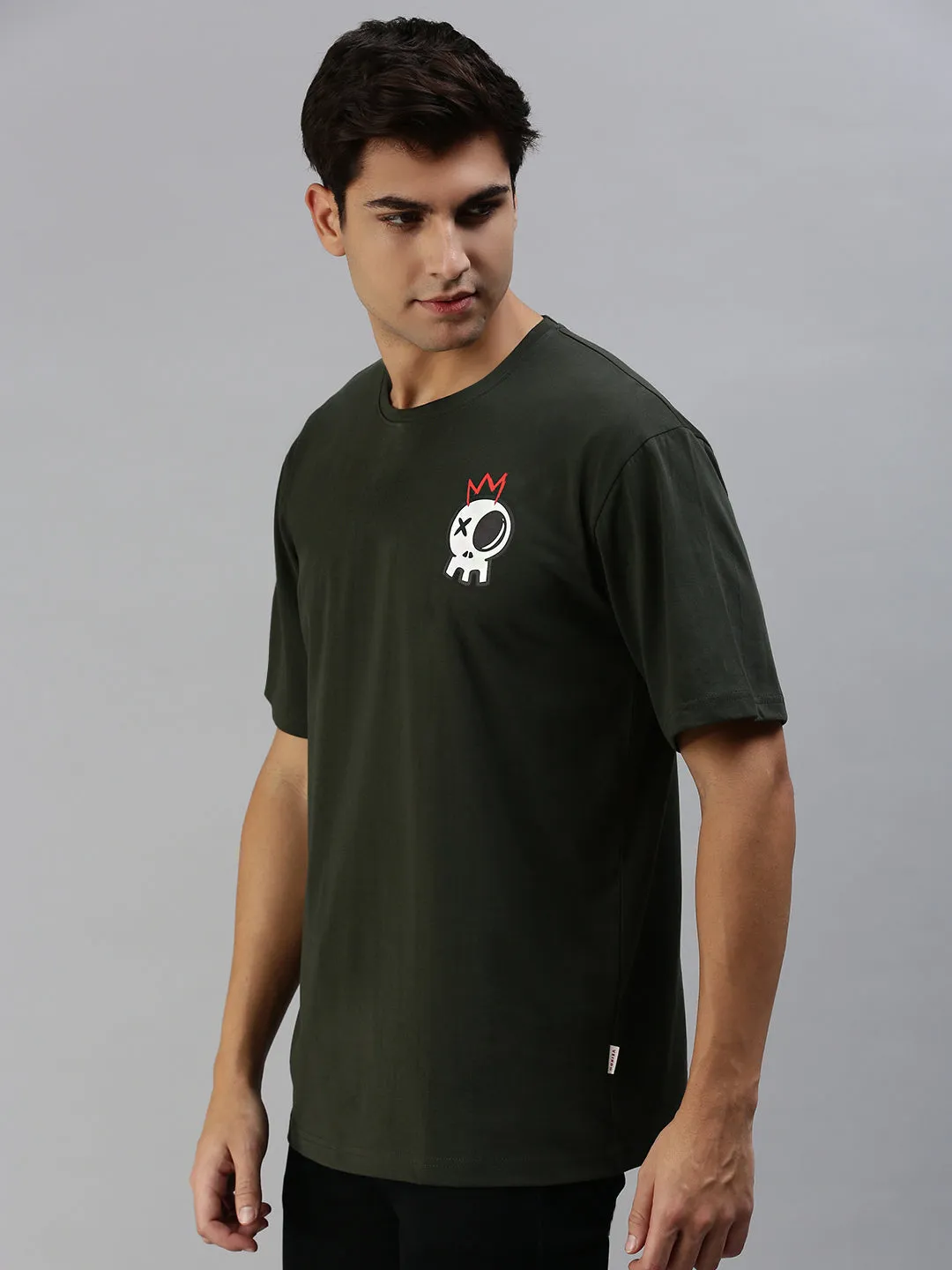 Skull Olive Oversized Pocket Graphic Printed Tshirt