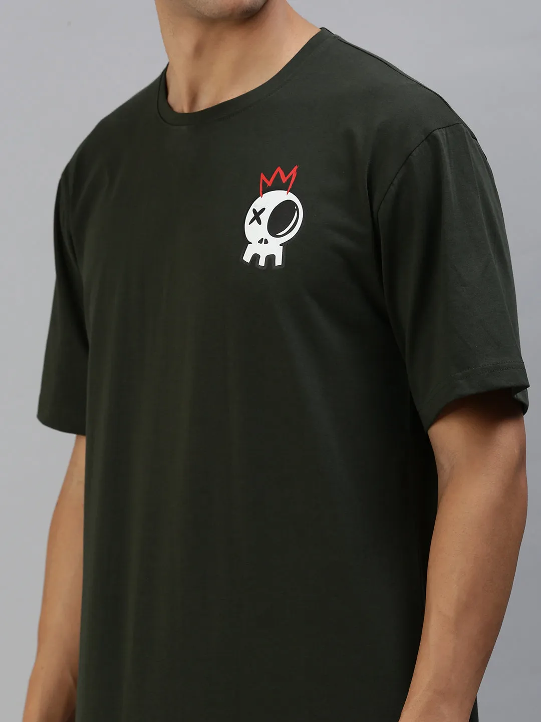 Skull Olive Oversized Pocket Graphic Printed Tshirt