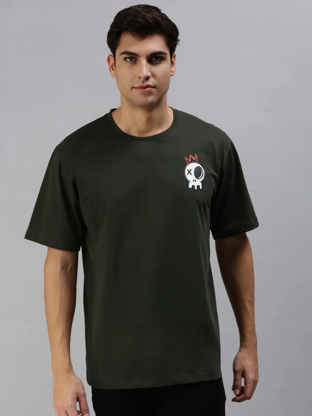 Skull Olive Oversized Pocket Graphic Printed Tshirt