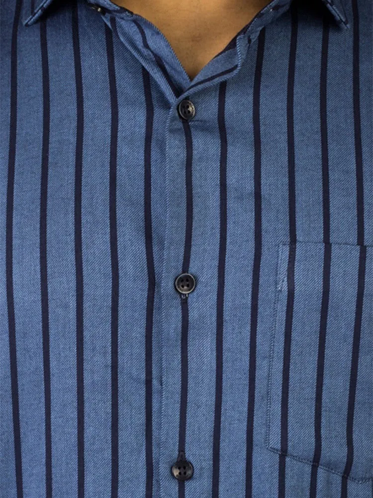 Striped Shirt Men - Blue Twill Stripes Classic Fit Cotton Shirt