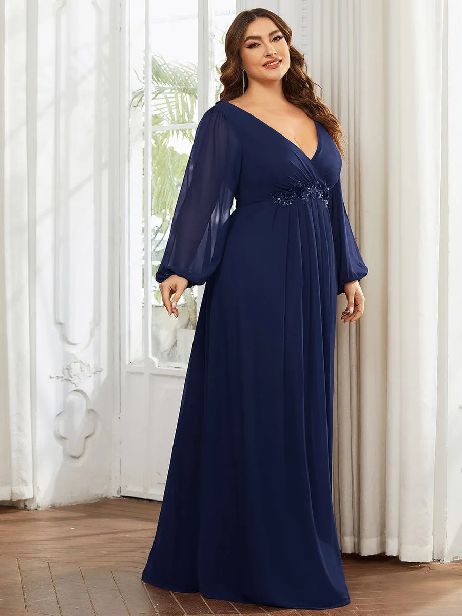 Stylish Plus Size Chiffon Formal Evening Dresses with Long Lantern Sleeves