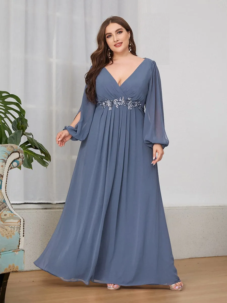 Stylish Plus Size Chiffon Formal Evening Dresses with Long Lantern Sleeves