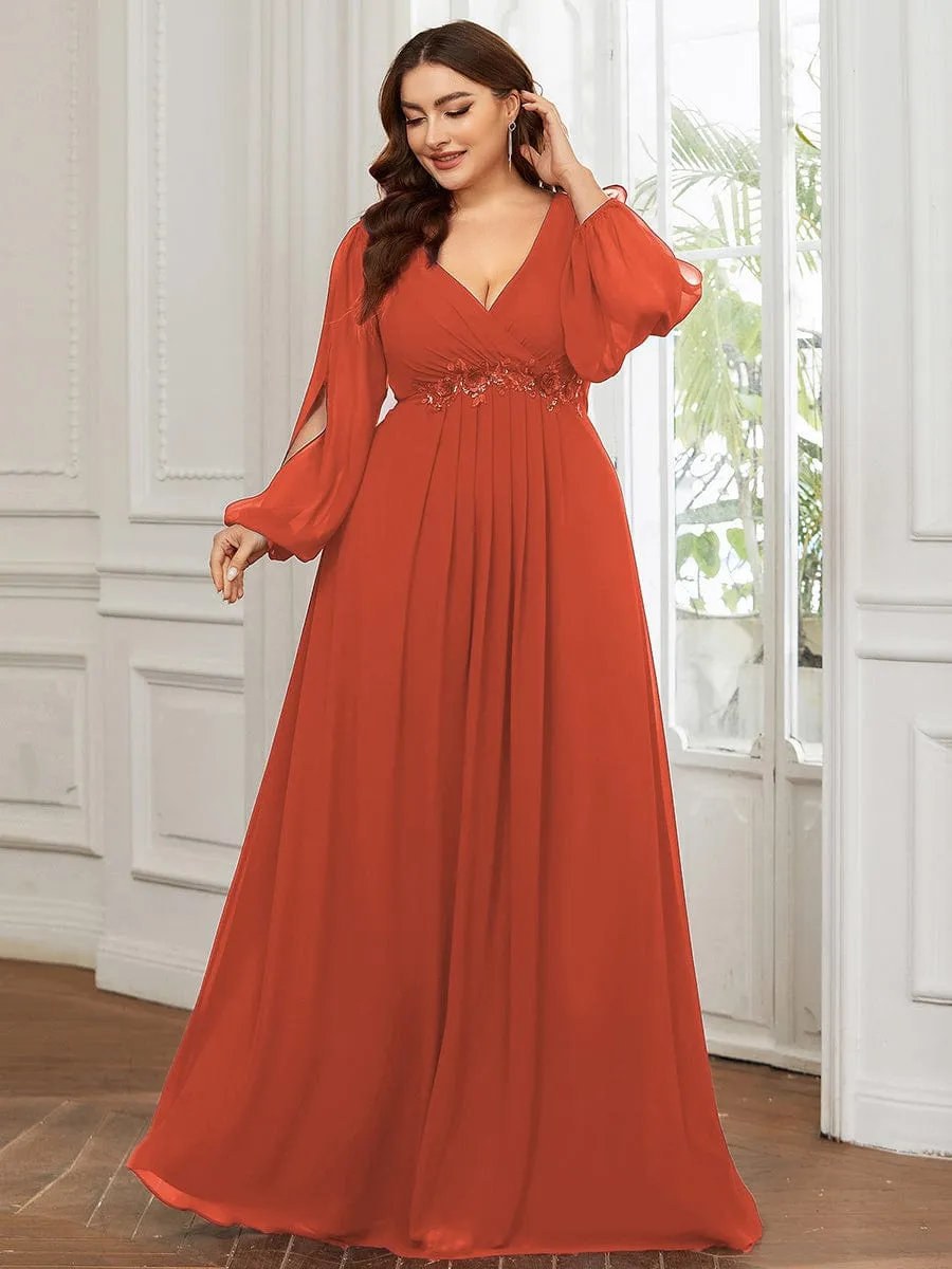 Stylish Plus Size Chiffon Formal Evening Dresses with Long Lantern Sleeves