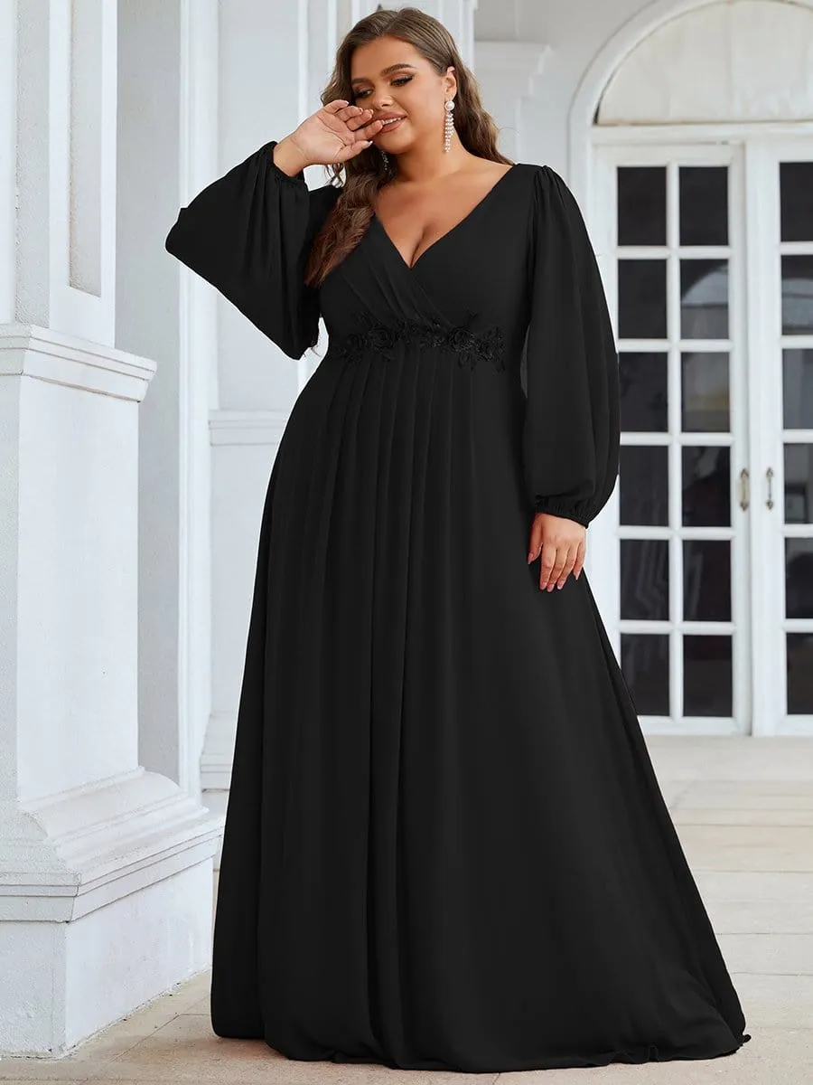 Stylish Plus Size Chiffon Formal Evening Dresses with Long Lantern Sleeves