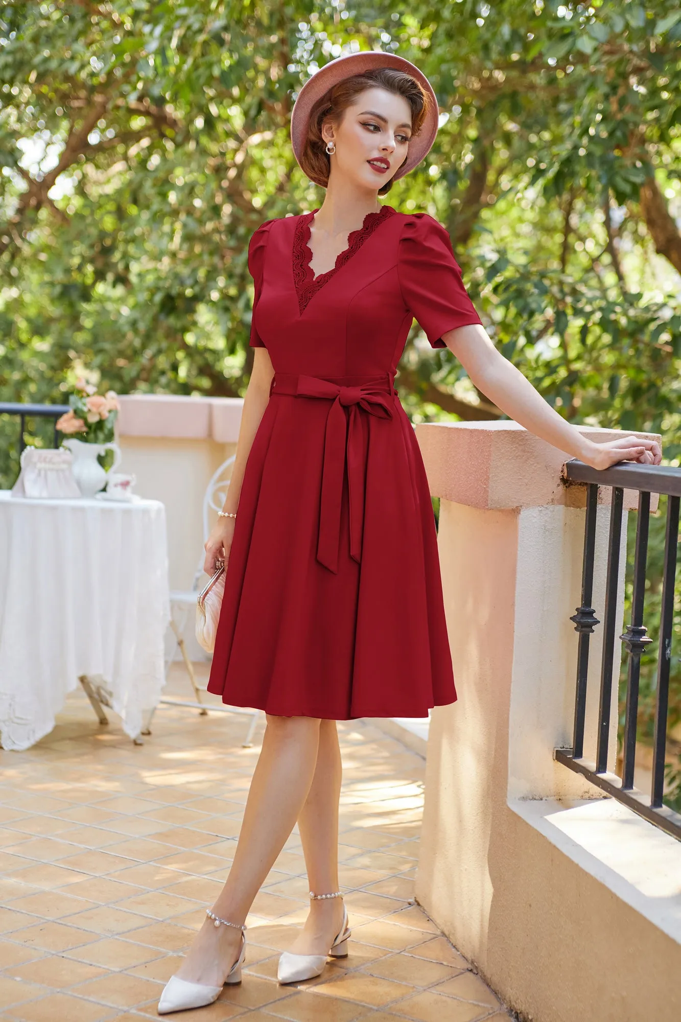 Tea Length Dress with Pockets Short Sleeve Tie Waist Dress V Neck A Line Dress