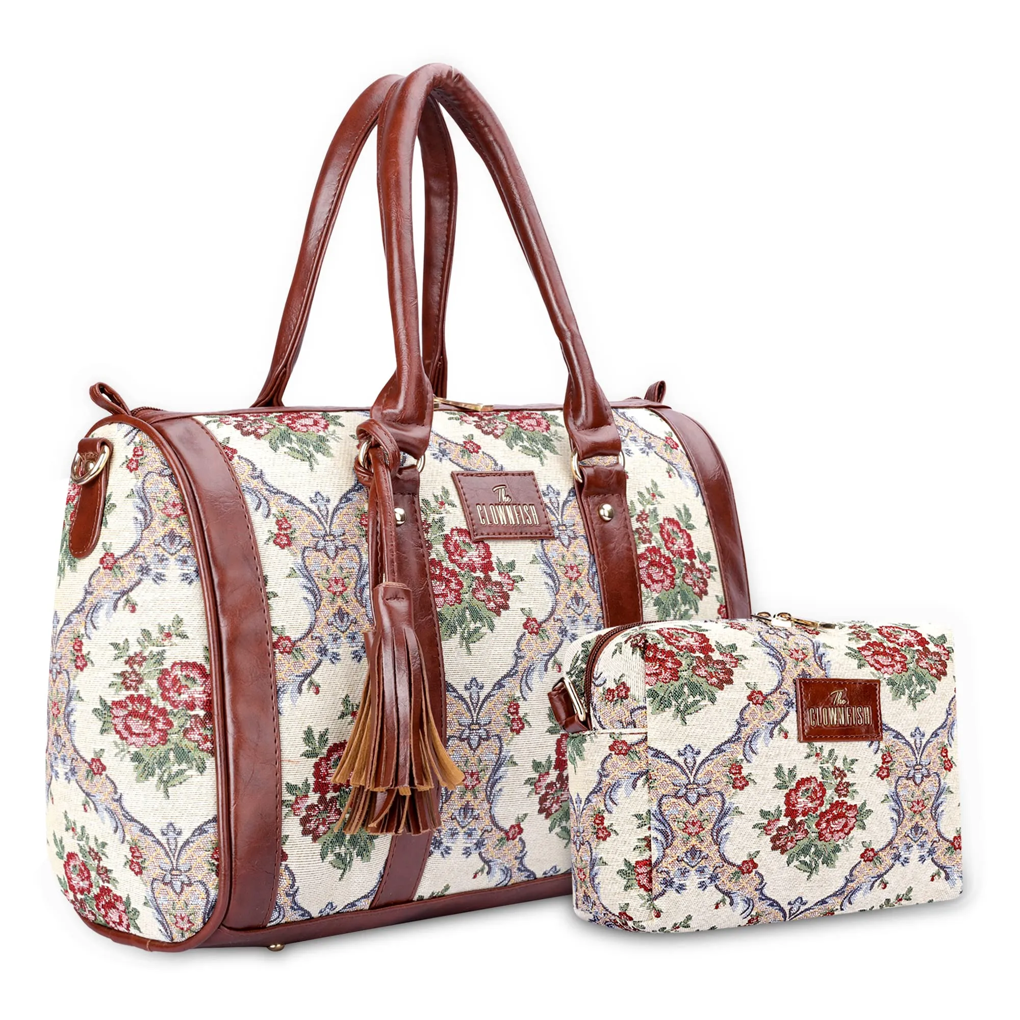 THE CLOWNFISH Combo Of Adelina Series Sling for Women Crossbody Bag for College Girls Lorna Tapestry Fabric & Faux Leather Handbag Sling Bag for Women (Off White-Floral)