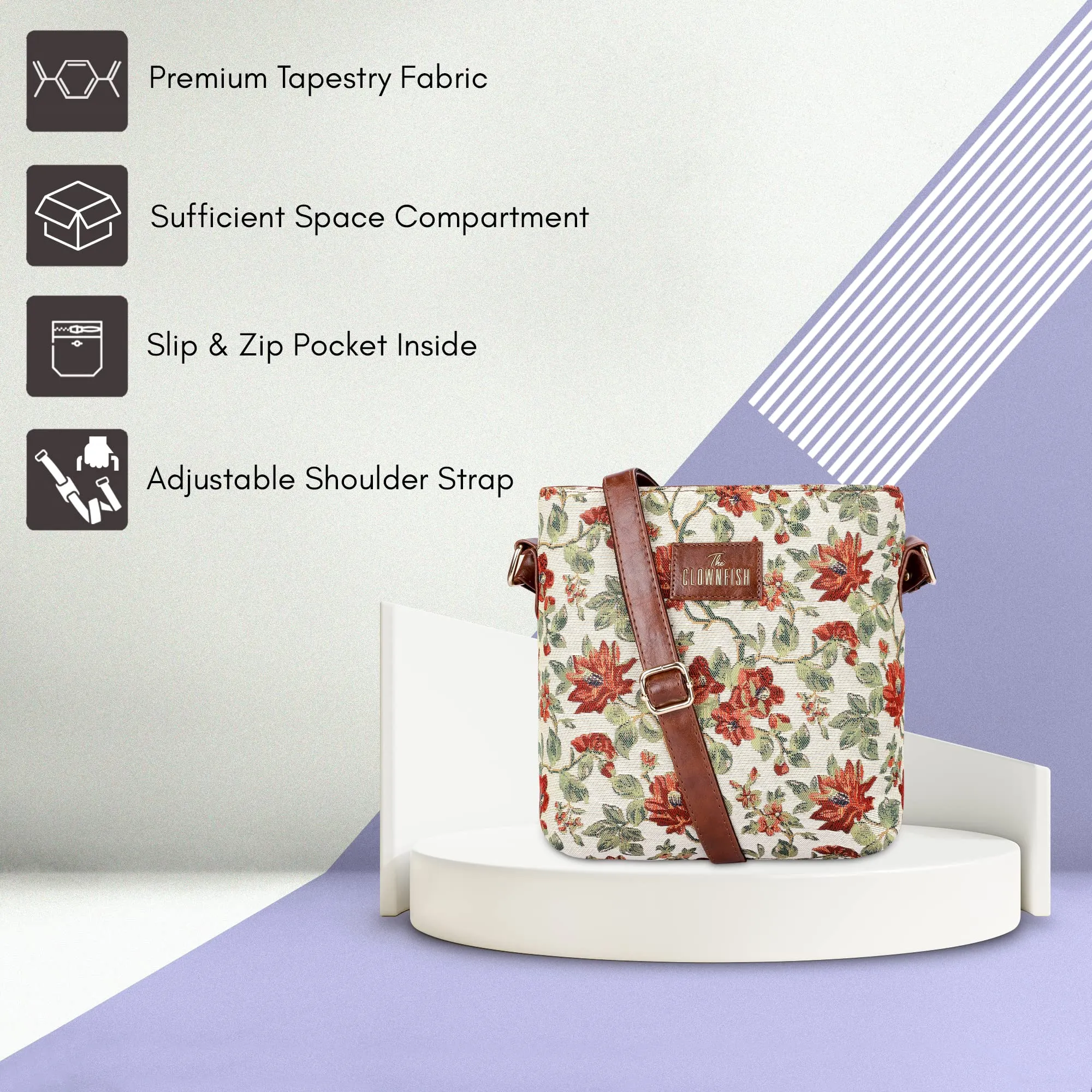 THE CLOWNFISH Combo Of Linda Sling for Women Crossbody Bag for College Girls Justina Tapestry Fabric & Faux Leather Handbag for Women (Off White-Floral)