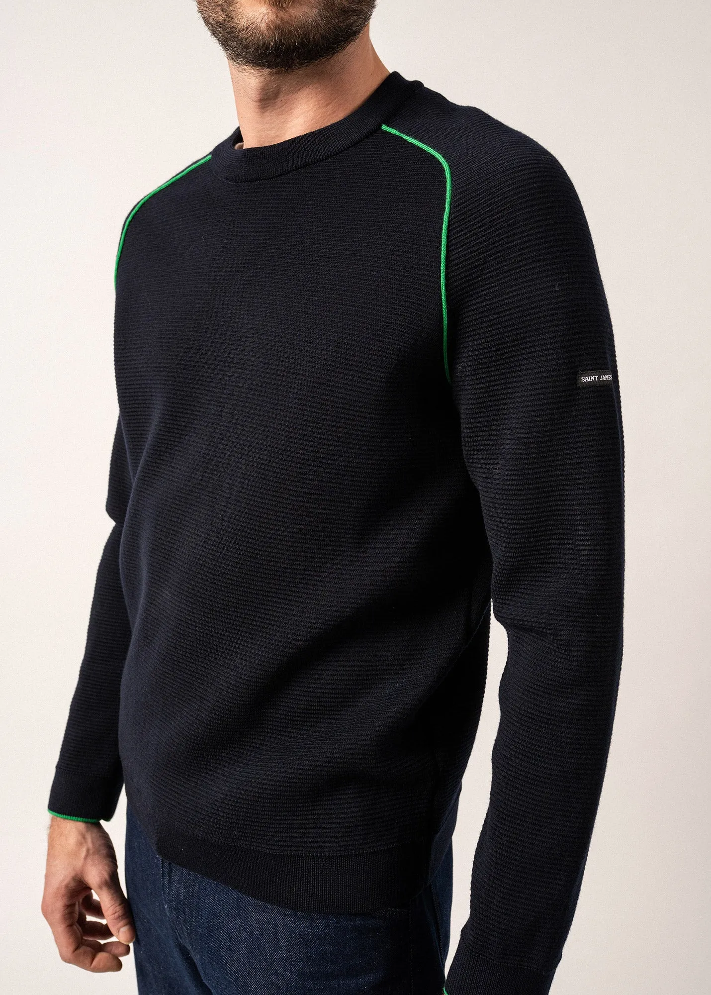 Vizile Wool Jumper - round neck, with contrast trim (NAVY/TREFLE)