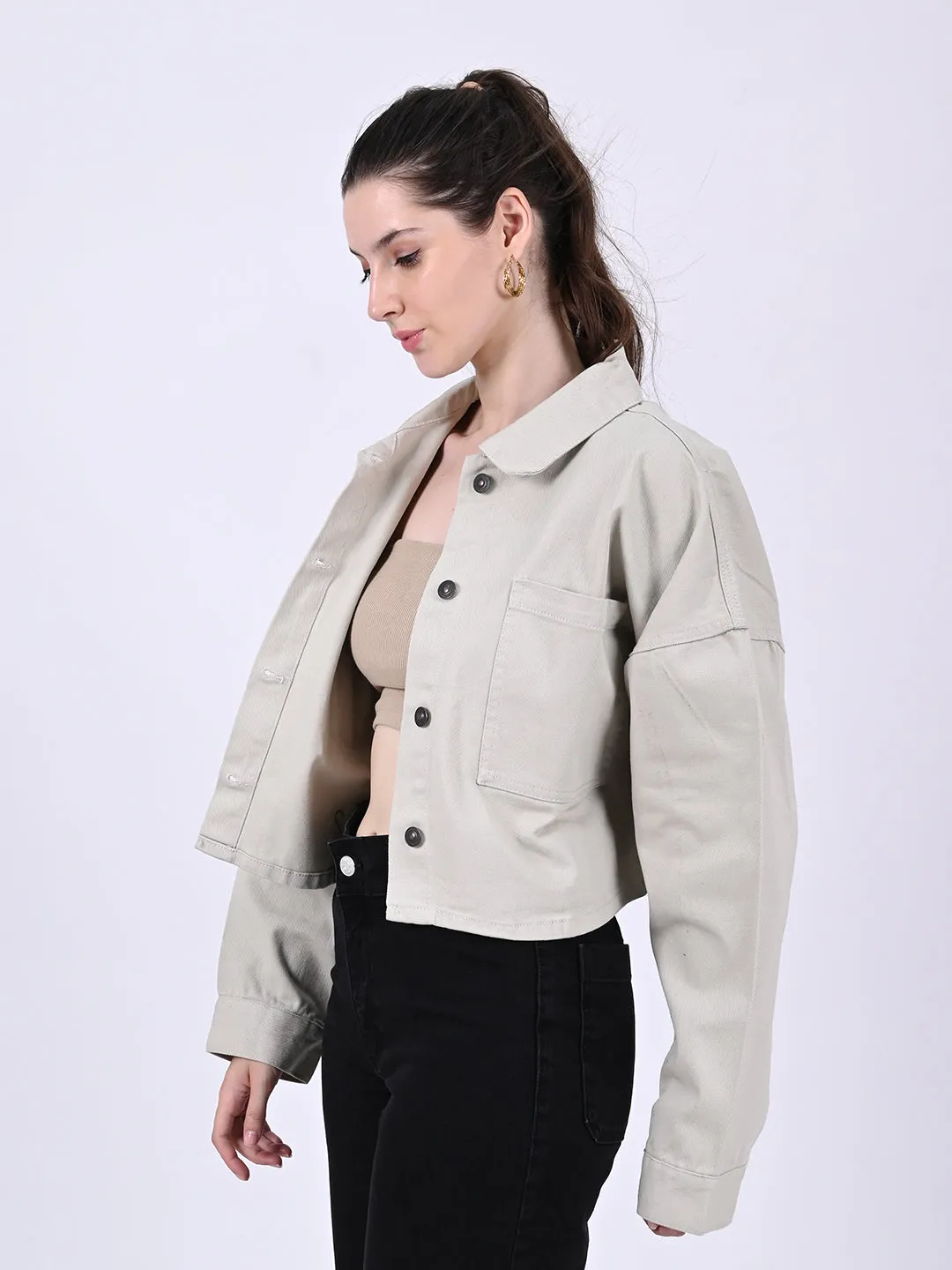 Women Beige Crop Jacket