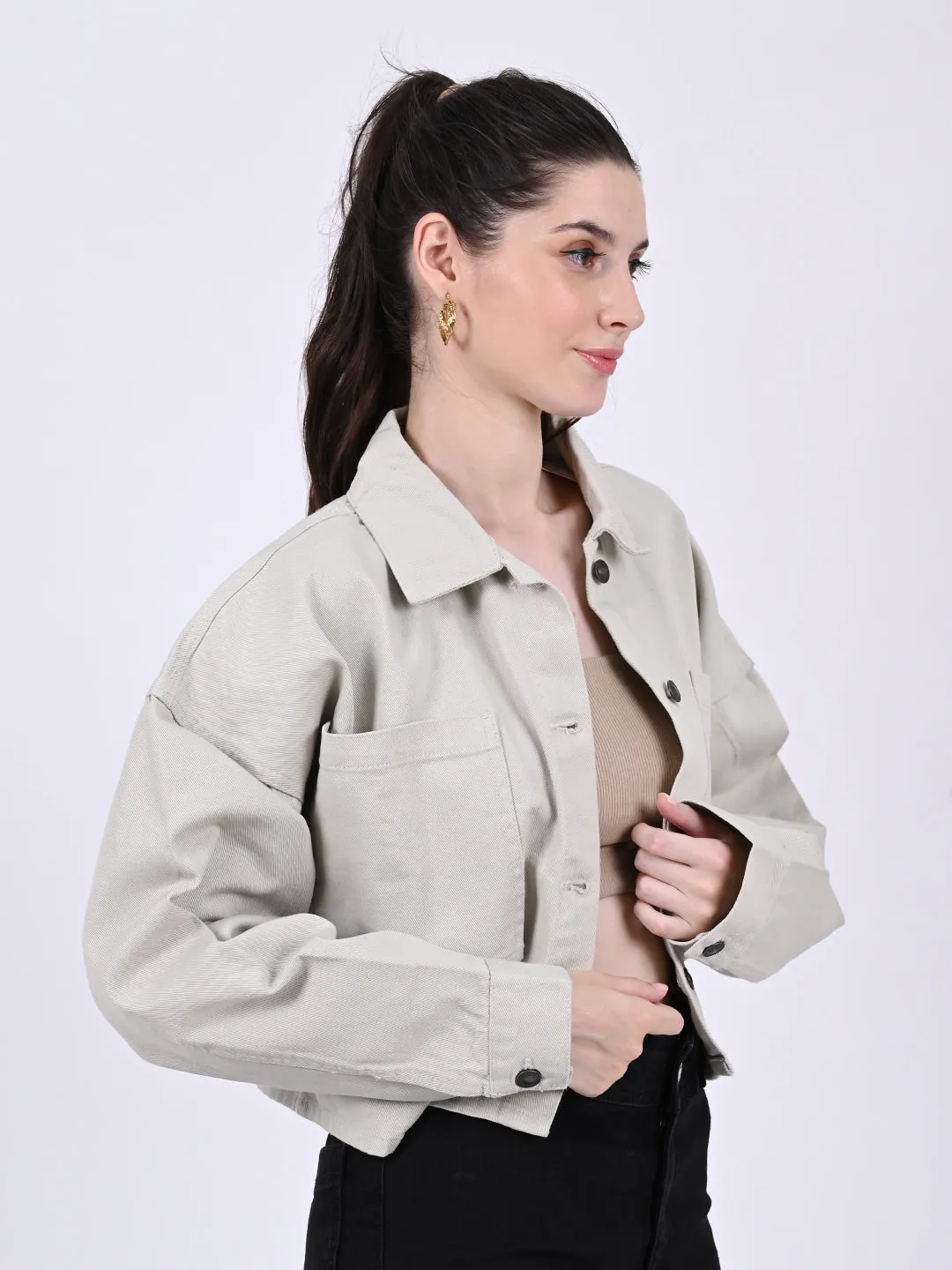 Women Beige Crop Jacket