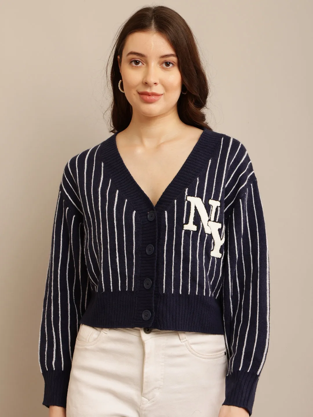 Women Dark Blue Striped Cardigan