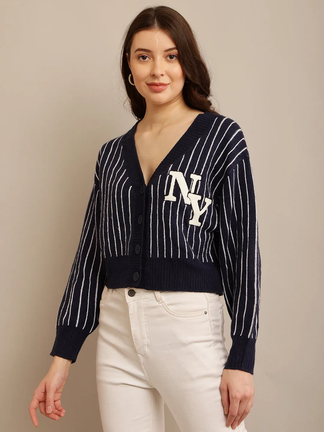 Women Dark Blue Striped Cardigan