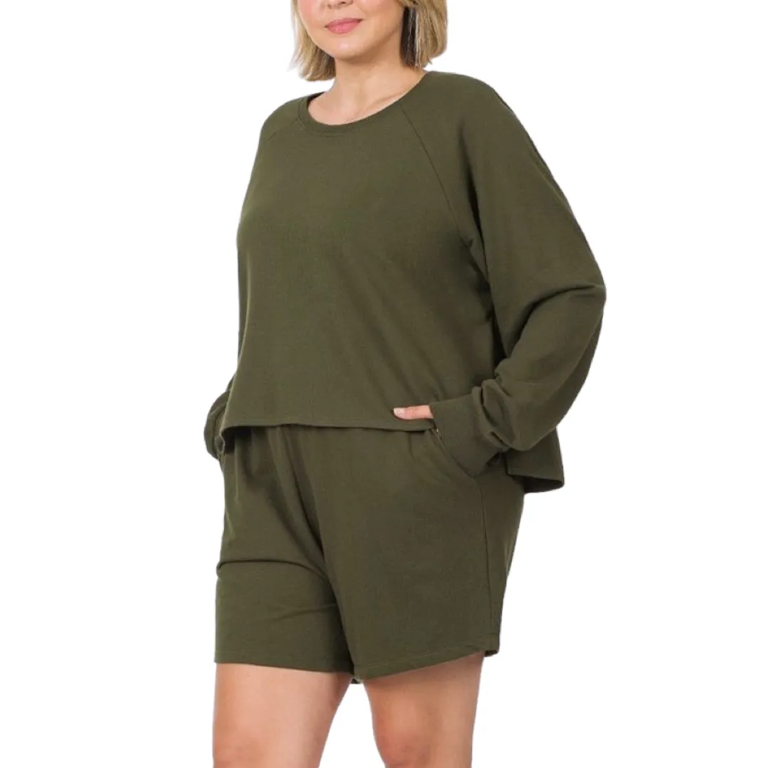 WOMEN PLUS FRENCH TERRY OVERSIZED TOP AND DRAWSTRING SHORT SET