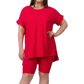 WOMEN PLUS SIZE CUFFED SHORT SLEEVE TOP AND BIKER SHORT SET