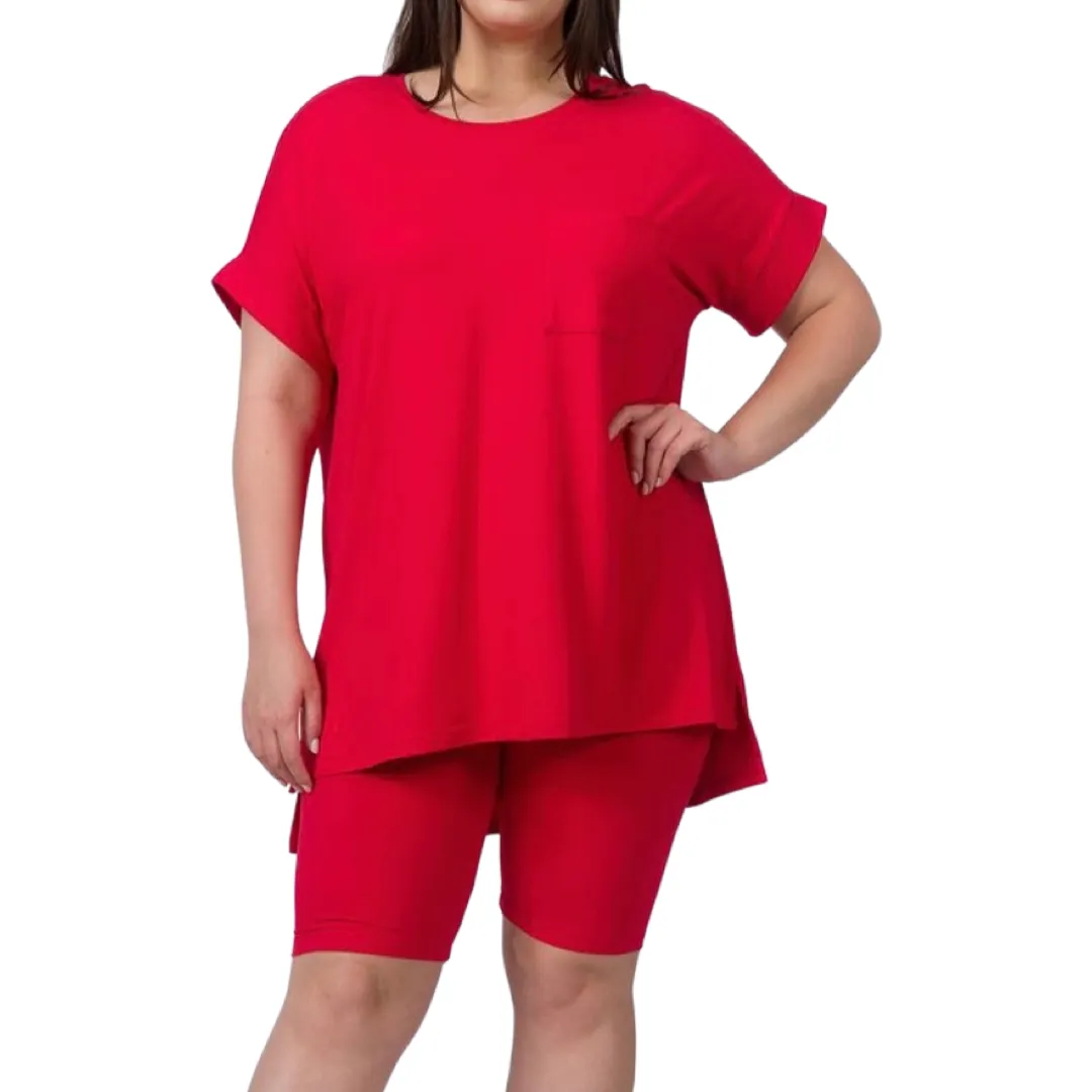 WOMEN PLUS SIZE CUFFED SHORT SLEEVE TOP AND BIKER SHORT SET