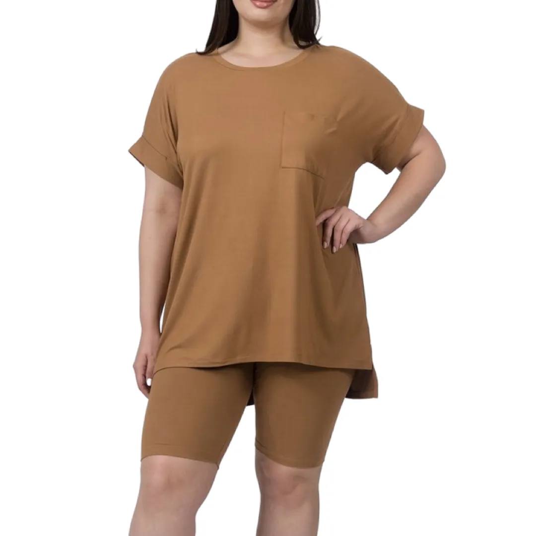 WOMEN PLUS SIZE CUFFED SHORT SLEEVE TOP AND BIKER SHORT SET