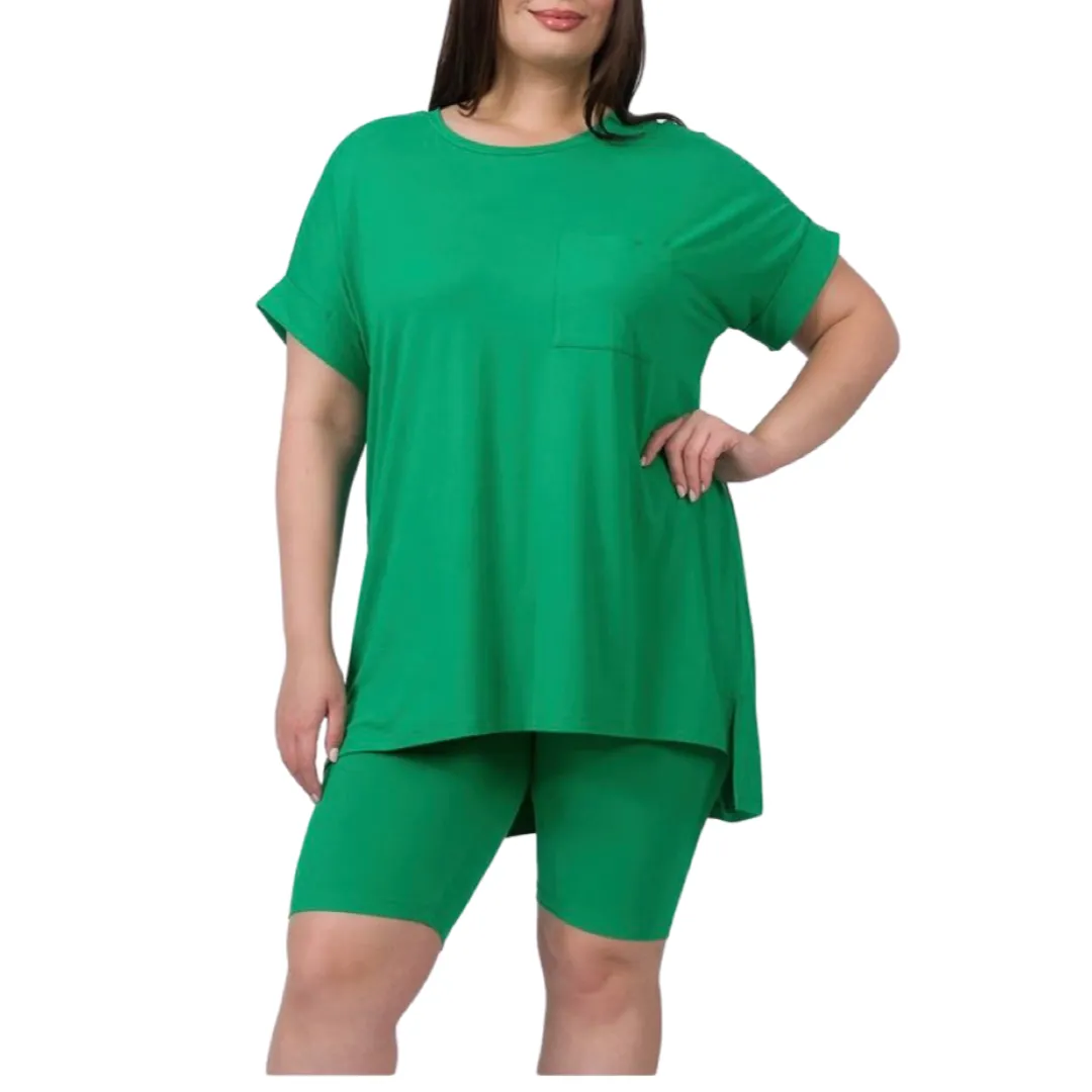 WOMEN PLUS SIZE CUFFED SHORT SLEEVE TOP AND BIKER SHORT SET