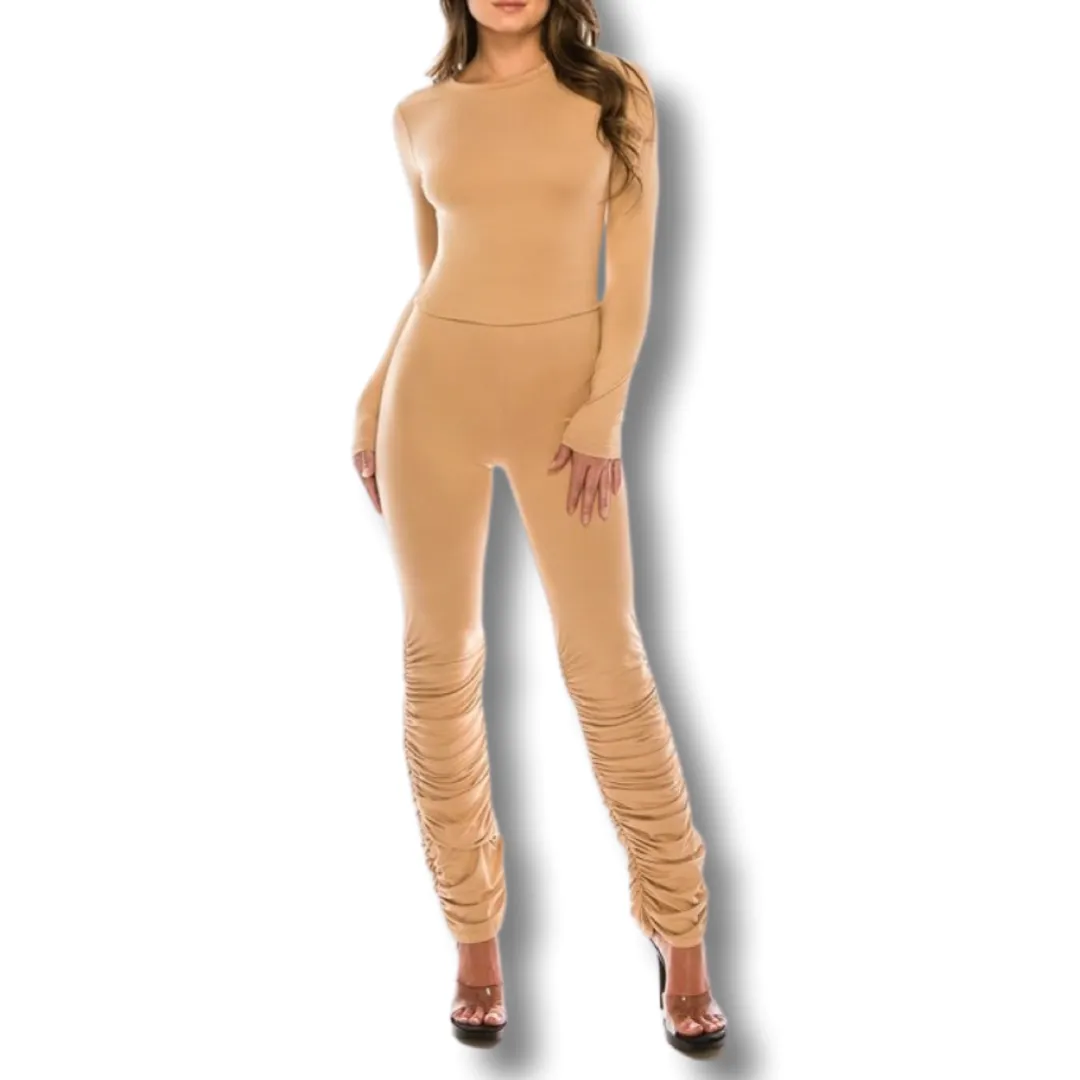 WOMEN TWO PIECE RUNCHED LONG SLEEVE LEGGINGS SET